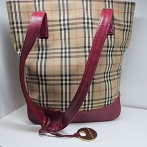 Burberry Beige Check Tote with Berry Red Leather Trim